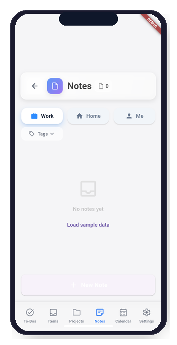 Priotrix Notes view - note list organized by Work/Home/Me categories